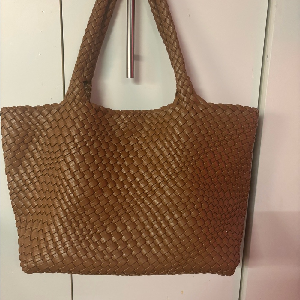 Tan Vegan Leather Woven Tote